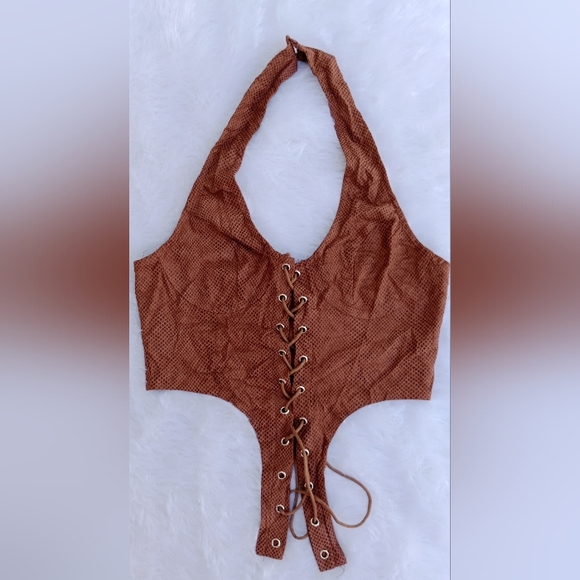 Chocolate snake faux suede dip hem lace up halterneck - Picture 4 of 8